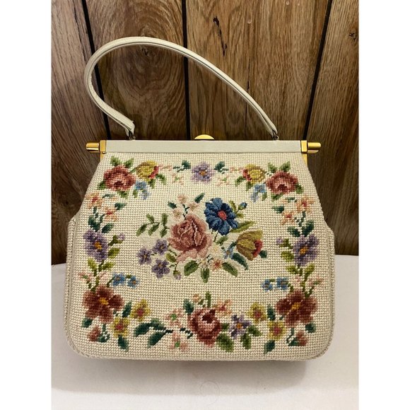 Medium Size Floral Petit Point Women Handbag - Picture 12 of 16